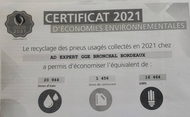 CERTIFICAT D'ECONOMIE ENVIRONNEMENTALES/ RECYCLAGE PNEUS