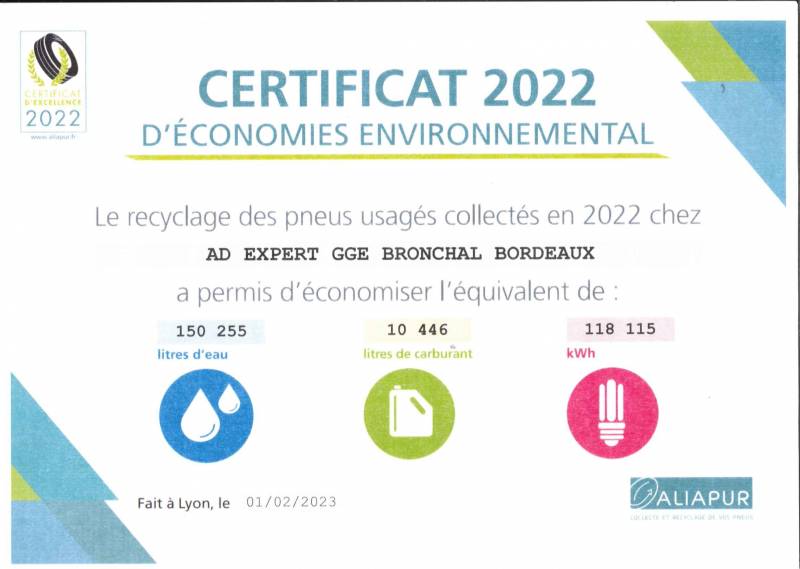 CERTIFICAT D'ECONOMIE ENVIRONNEMENTALES/ RECYCLAGE PNEUS